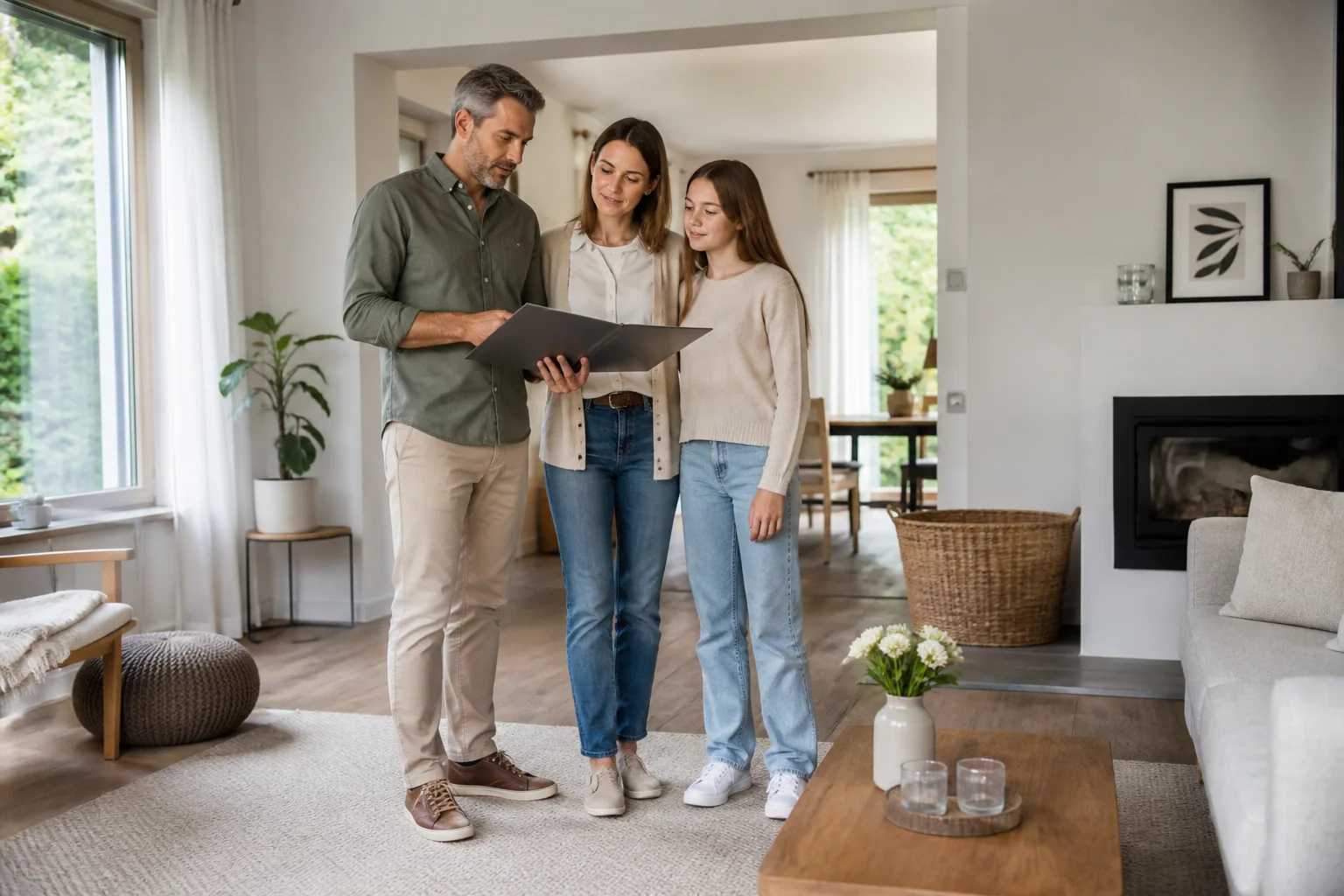 Familie ordnet Unterlagen zu ihrem Immobilienbesitz